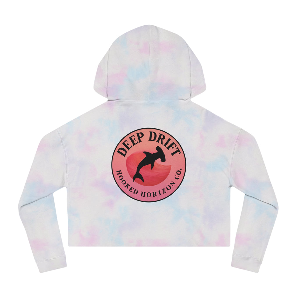 Pink & Red Hammer Head Shark Cropped Hoodie - "Deep Drift" Fishing Logo Cropped Hooded Sweatshirt