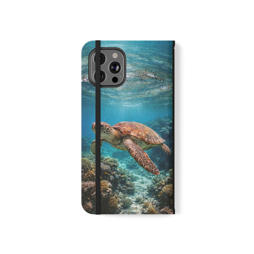 Turtle Hooked Horizon Co Flip Phone Case — Turquoise Water Pattern Wallet Cover