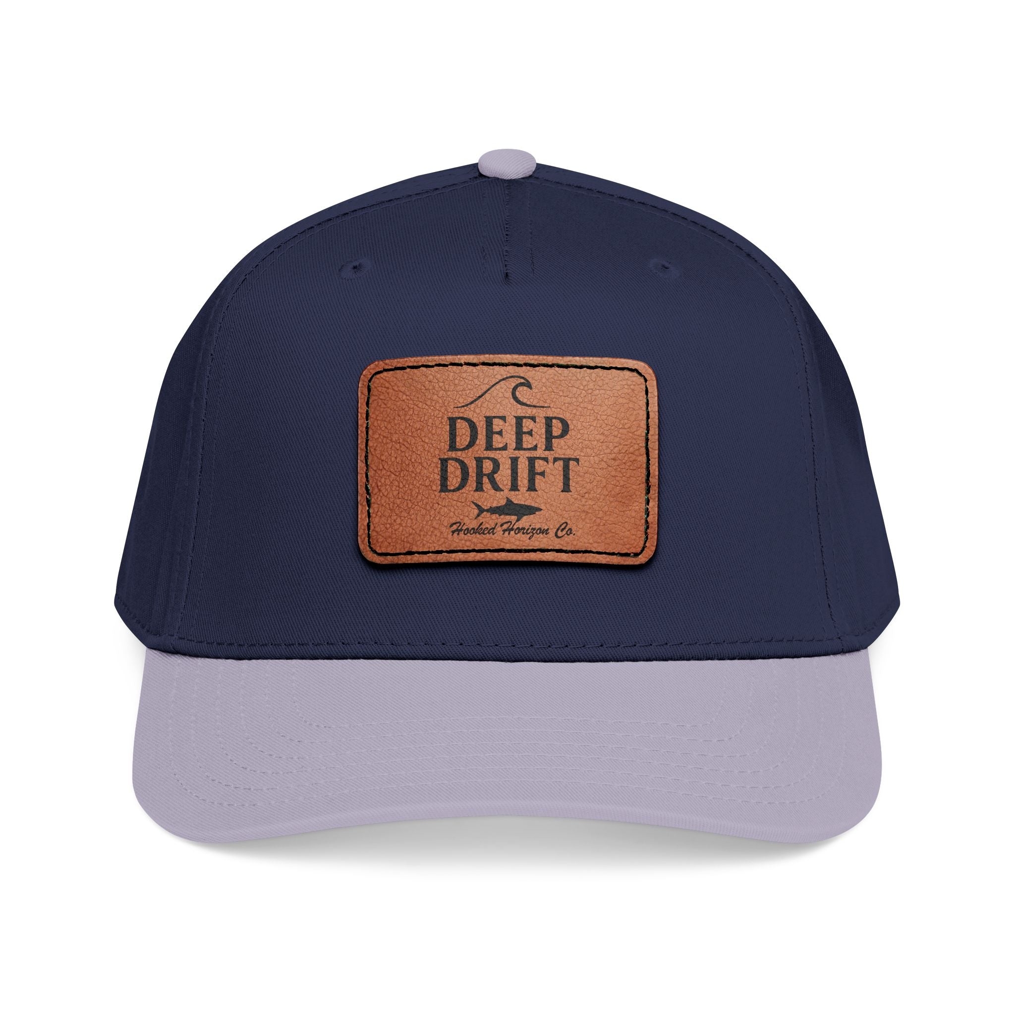 "Deep Drift" Shark Wave Leather Patch Baseball Cap — Hooked Horizon Co. Ocean Wave Logo, Multiple Color Variations