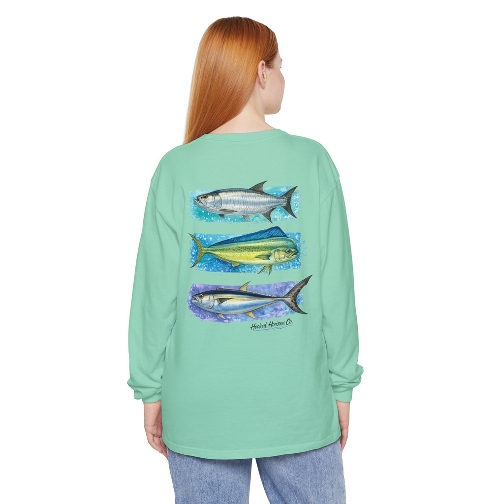 Chasing Legends Tarpon, Mahi Mahi, TunaSaltwater Fish Long Sleeve Tee — Hooked Horizon Co. Graphic Shirt