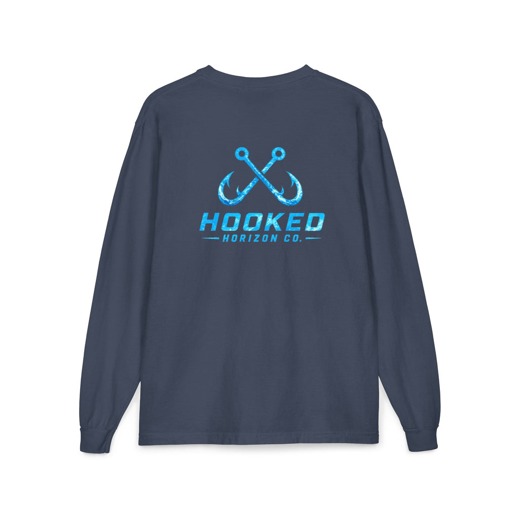 Bright Blue Hooked Horizon Co.  Classic Logo Unisex Long Sleeve Pocket T-Shirt