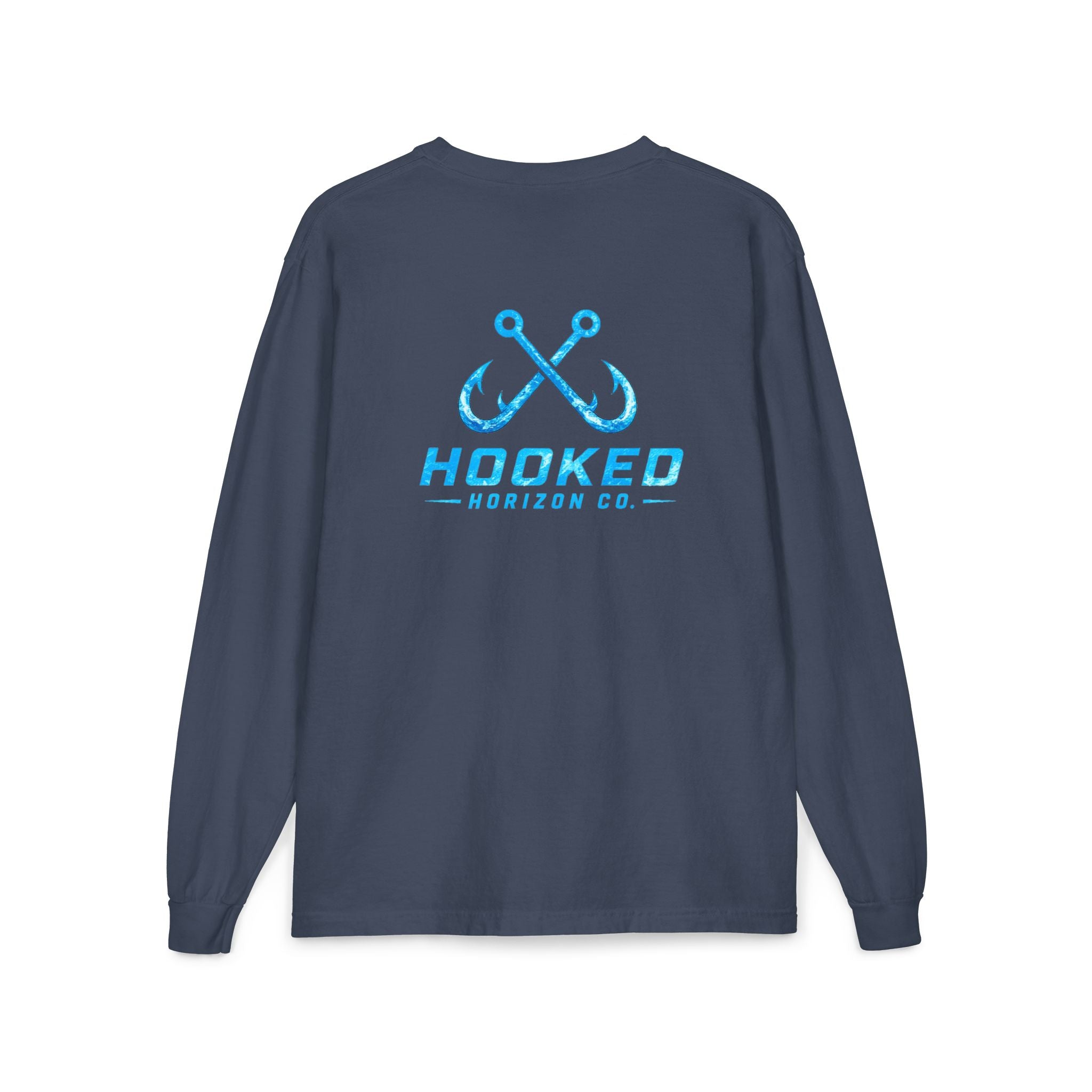 Bright Blue Hooked Horizon Co.  Classic Logo Unisex Long Sleeve Pocket T-Shirt