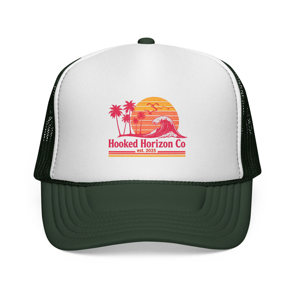 Hooked Horizon Co.  Wave, Sunset & Palm Tree 90s Inspired Trucker Cap — Outdoor & Beach Hat Ocean Conservation Gifts For Him & Her