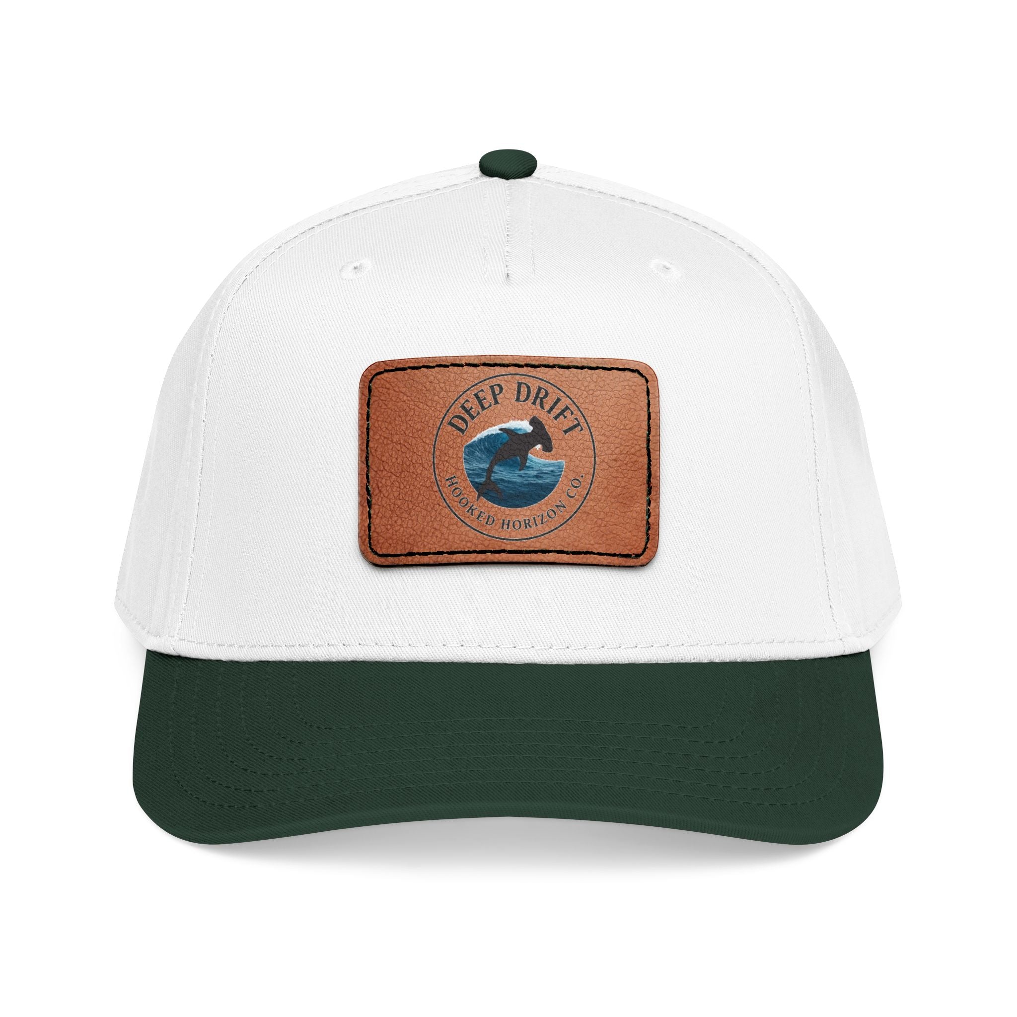 Deep Drift Leather Patch Baseball Cap — Hooked Horizon Co. Ocean Wave Logo, Multiple Color Variations