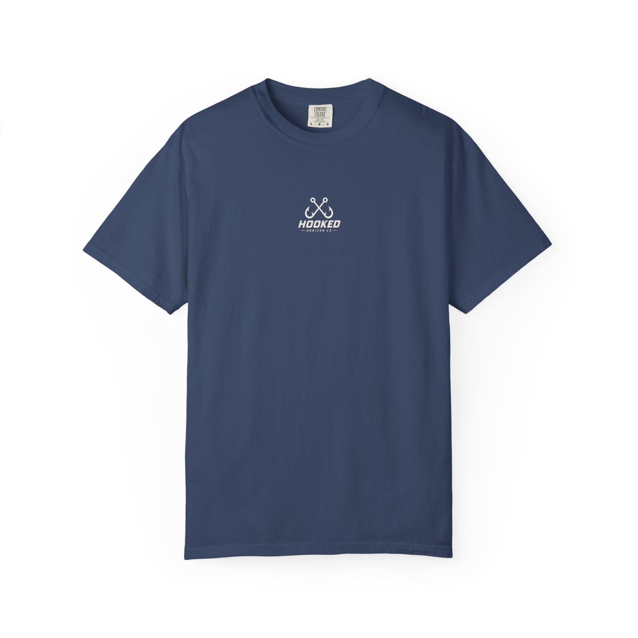 USA Triple Shark Hooked Horizon Co. — "Chasing Legends" Deep Drift Fishing Graphicishing Tee for Angler Lovers, Shark Lovers, Ocean Tee