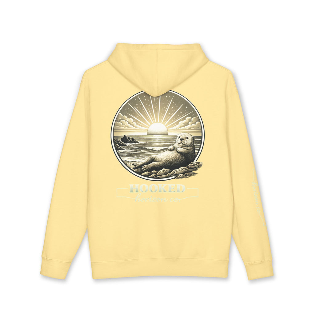 Sea Otter & Sunset Hoodie Hooked Horizon Co. — Minimal Fishing Back Graphic Hoodie, Multiple Color Variations