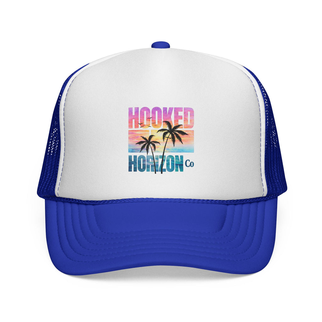 Hooked Horizon Co.  Sunset & Palm Tree 90s Inspired Trucker Cap — Outdoor & Beach Hat Ocean Conservation Gifts For Him & Her