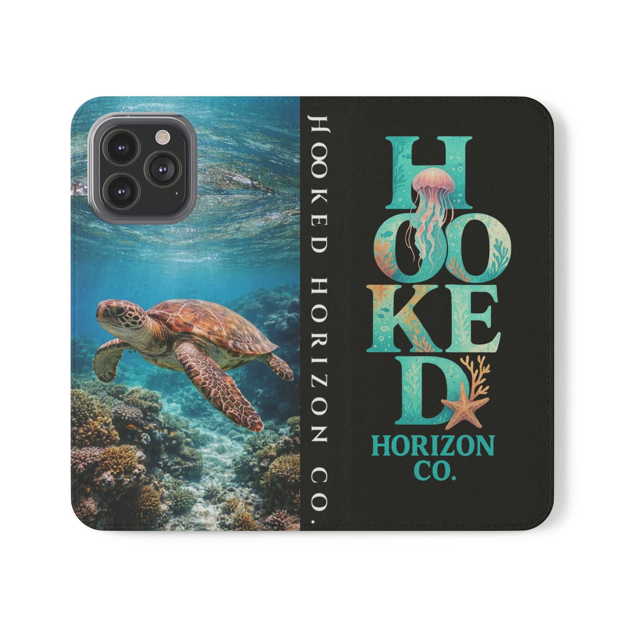 Turtle Hooked Horizon Co Flip Phone Case — Turquoise Water Pattern Wallet Cover