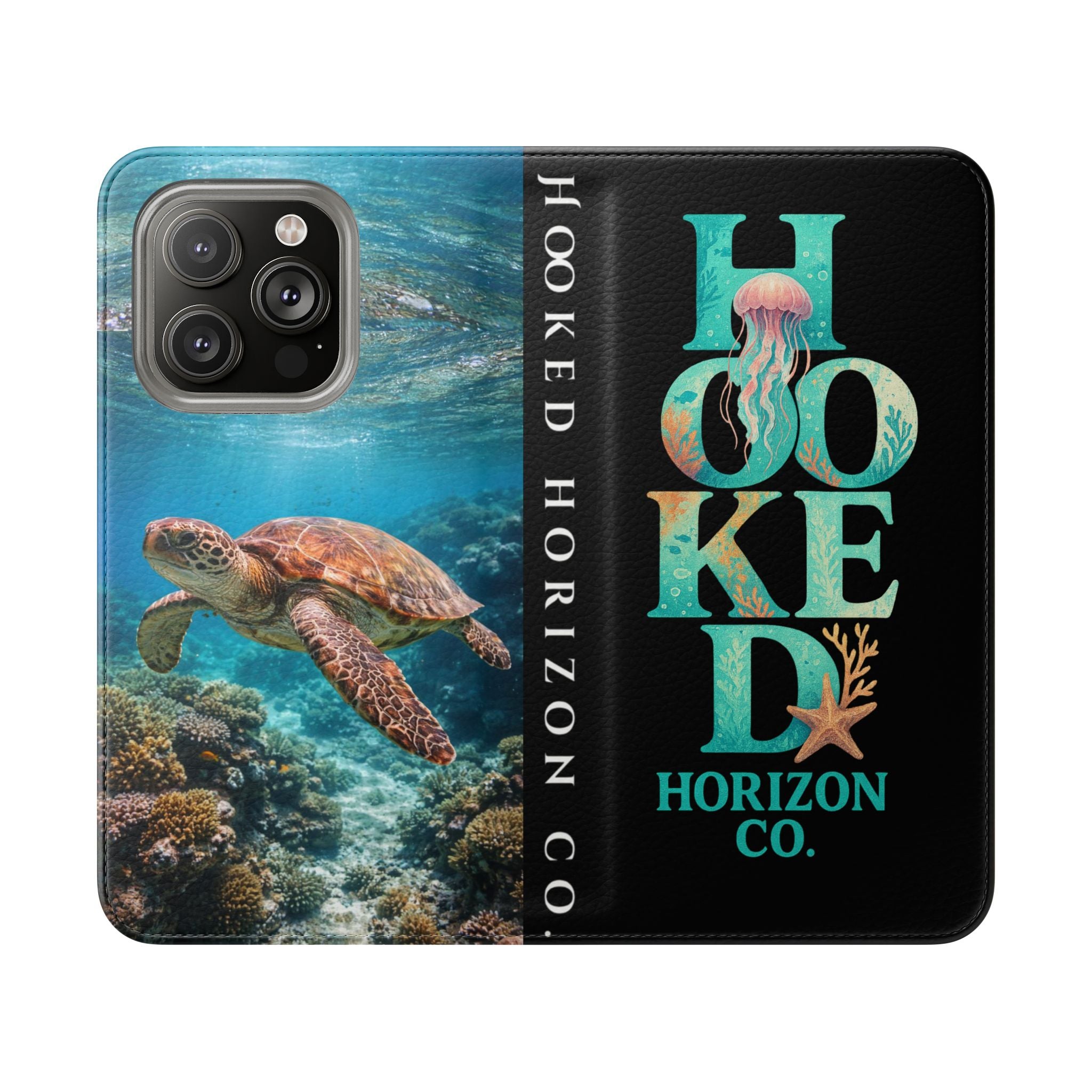 Turtle Hooked Horizon Co Flip Phone Case — Turquoise Water Pattern Wallet Cover