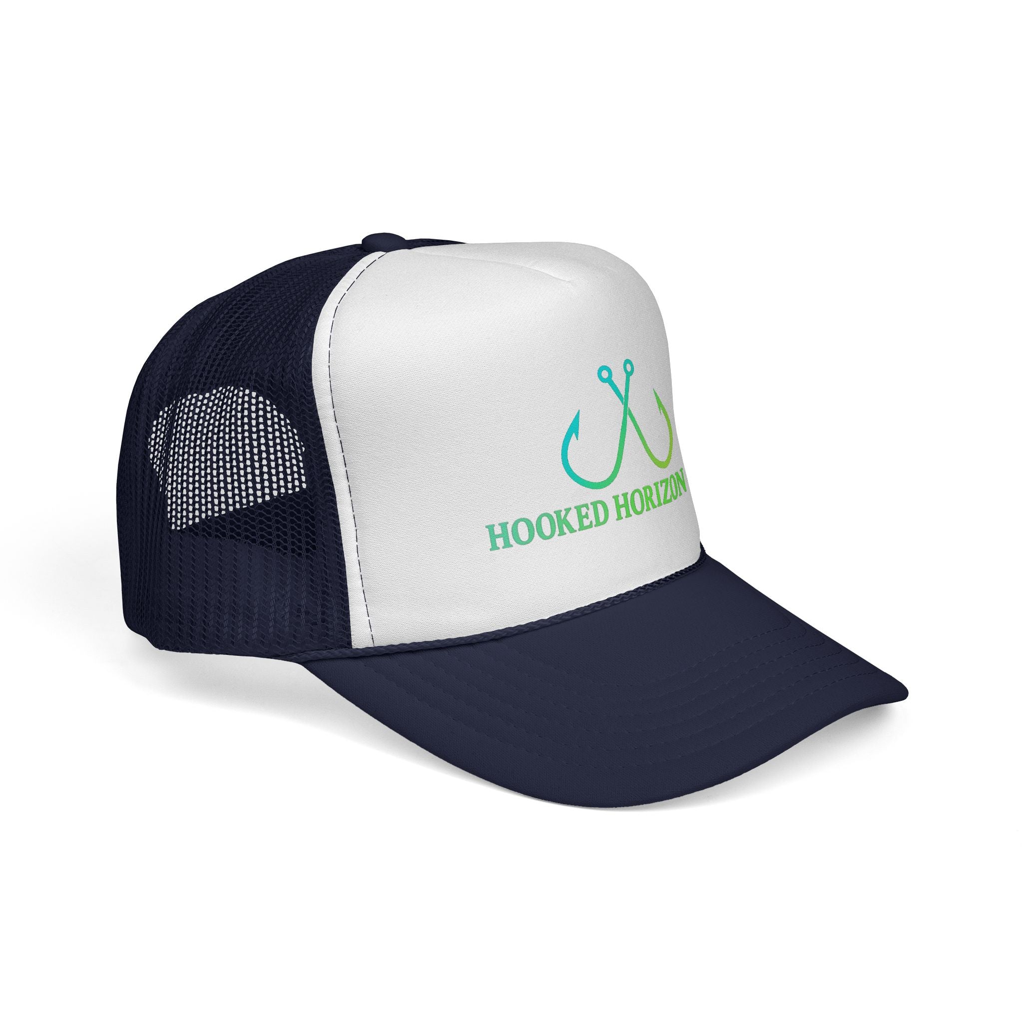 Sea Green & Teal Blue Trucker Cap — Hooked Horizon Co. Fishing Hooks Logo