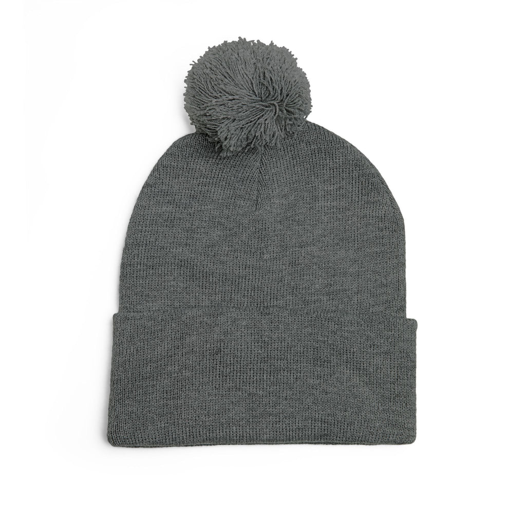 Hooked Horizon Co. Embroidered Pom-Pom Knit Cap — Cozy Grey Beanie with Multiple Color Variations
