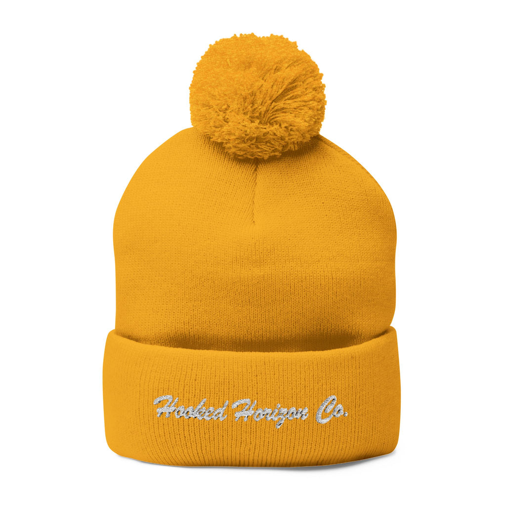 Hooked Horizon Co. Embroidered Pom-Pom Knit Cap — Cozy Grey Beanie with Multiple Color Variations