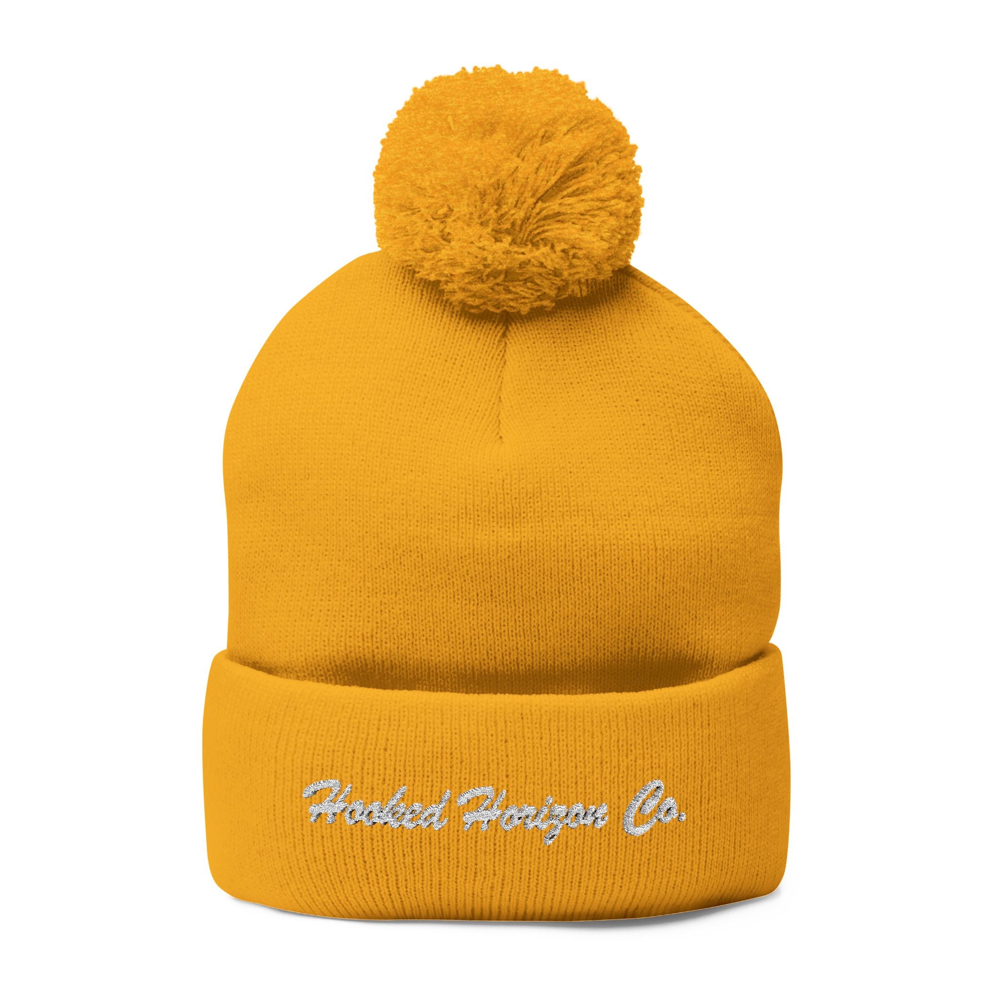 Hooked Horizon Co. Embroidered Pom-Pom Knit Cap — Cozy Grey Beanie with Multiple Color Variations