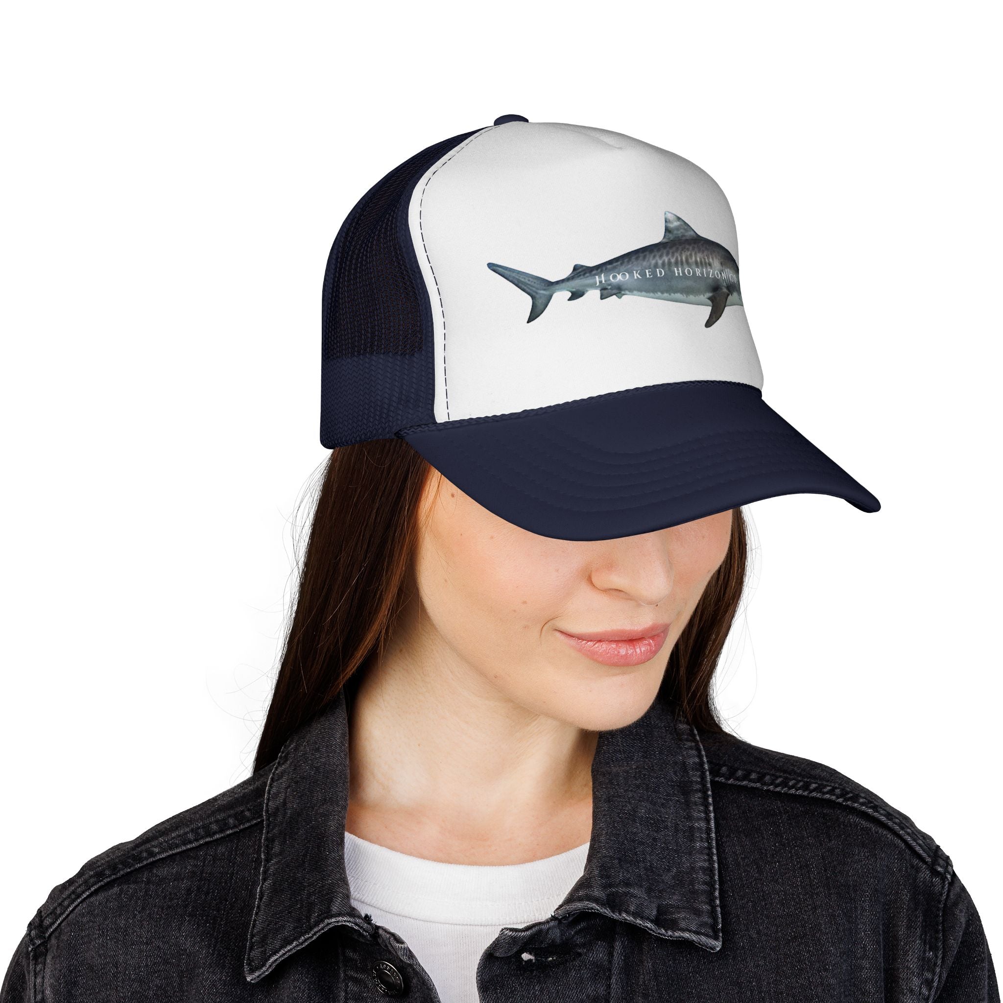 Tiger Shark Trucker Cap — 'Chasing Legends' Fishing Hooks Logo
