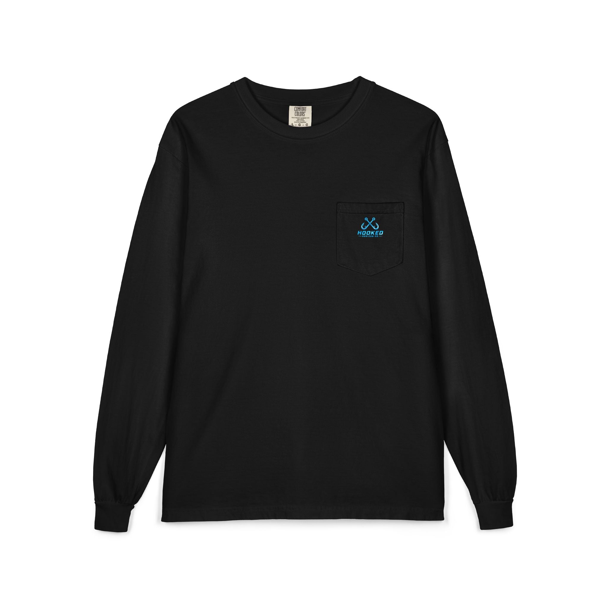 Bright Blue Hooked Horizon Co.  Classic Logo Unisex Long Sleeve Pocket T-Shirt