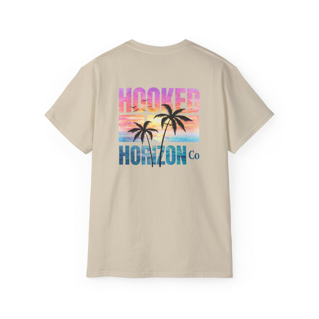 Sunset & Palm Tree T-Shirt — "Hooked" Boat & Horizon Graphic Tee, Multiple Color Variations