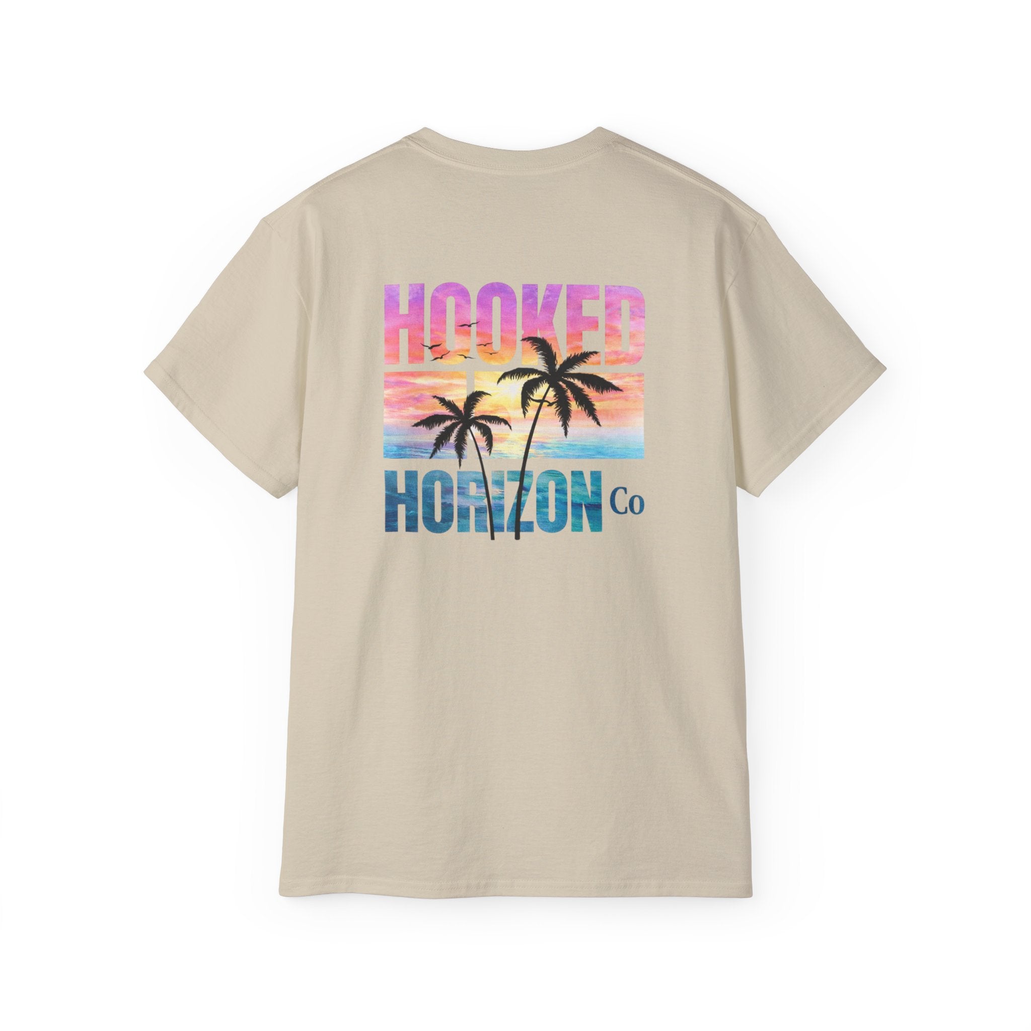 Sunset & Palm Tree T-Shirt — "Hooked" Boat & Horizon Graphic Tee, Multiple Color Variations