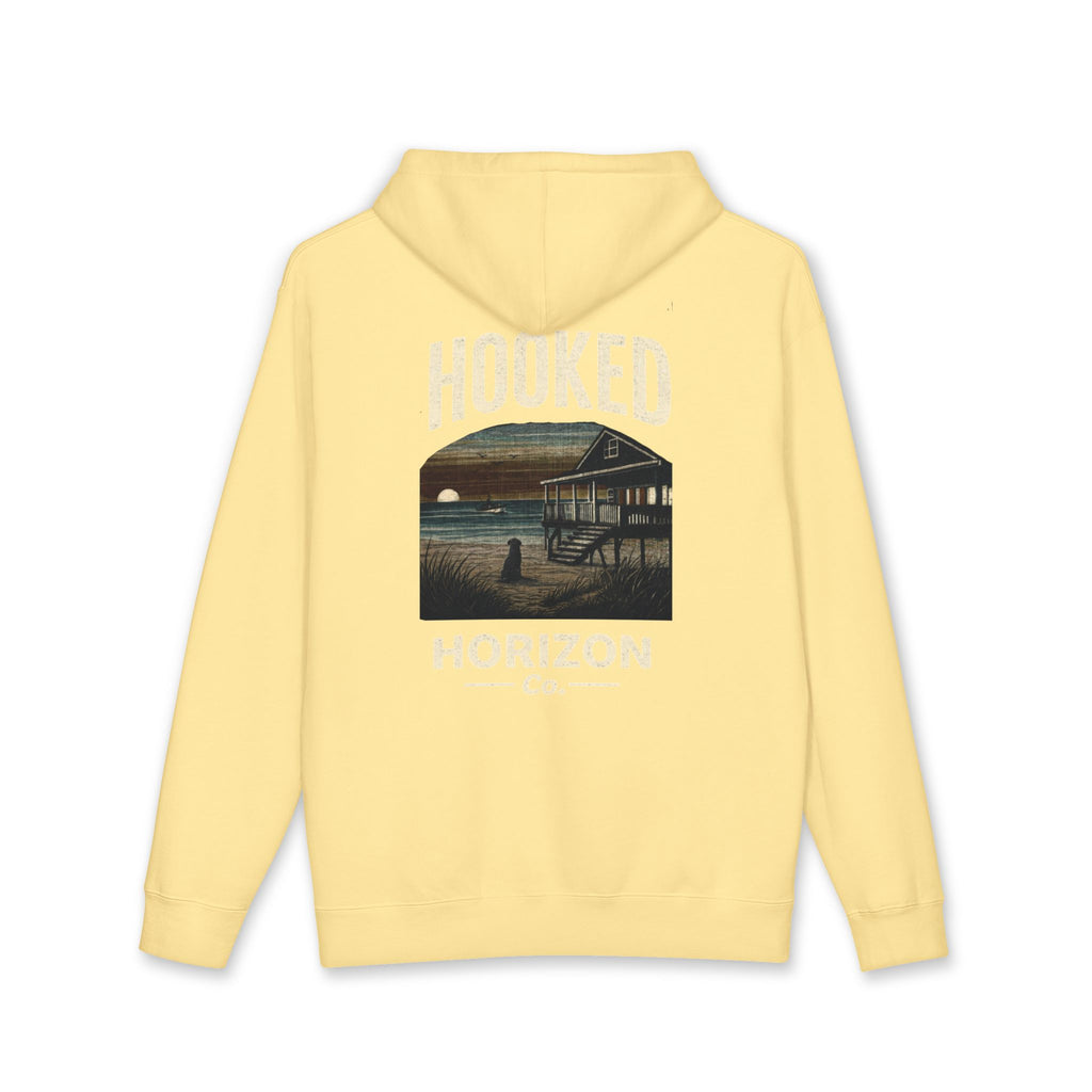 Dog & Sunset Hoodie Hooked Horizon Co. — Minimal Fishing Back Graphic Hoodie, Multiple Color Variations