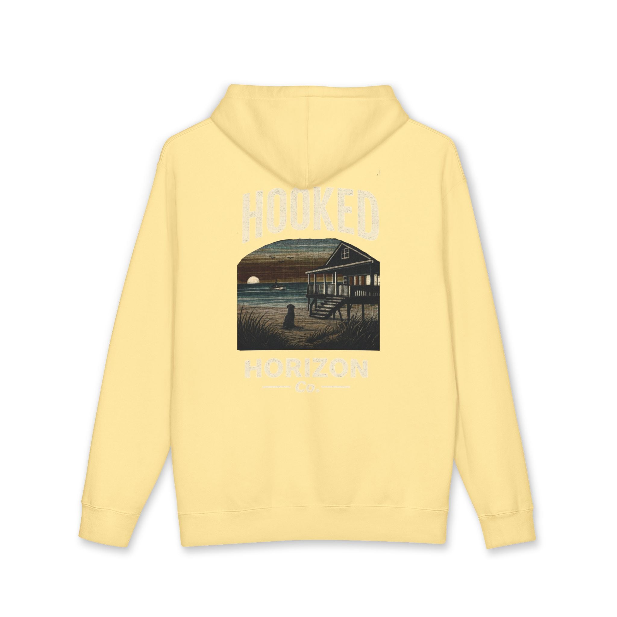 Dog & Sunset Hoodie Hooked Horizon Co. — Minimal Fishing Back Graphic Hoodie, Multiple Color Variations