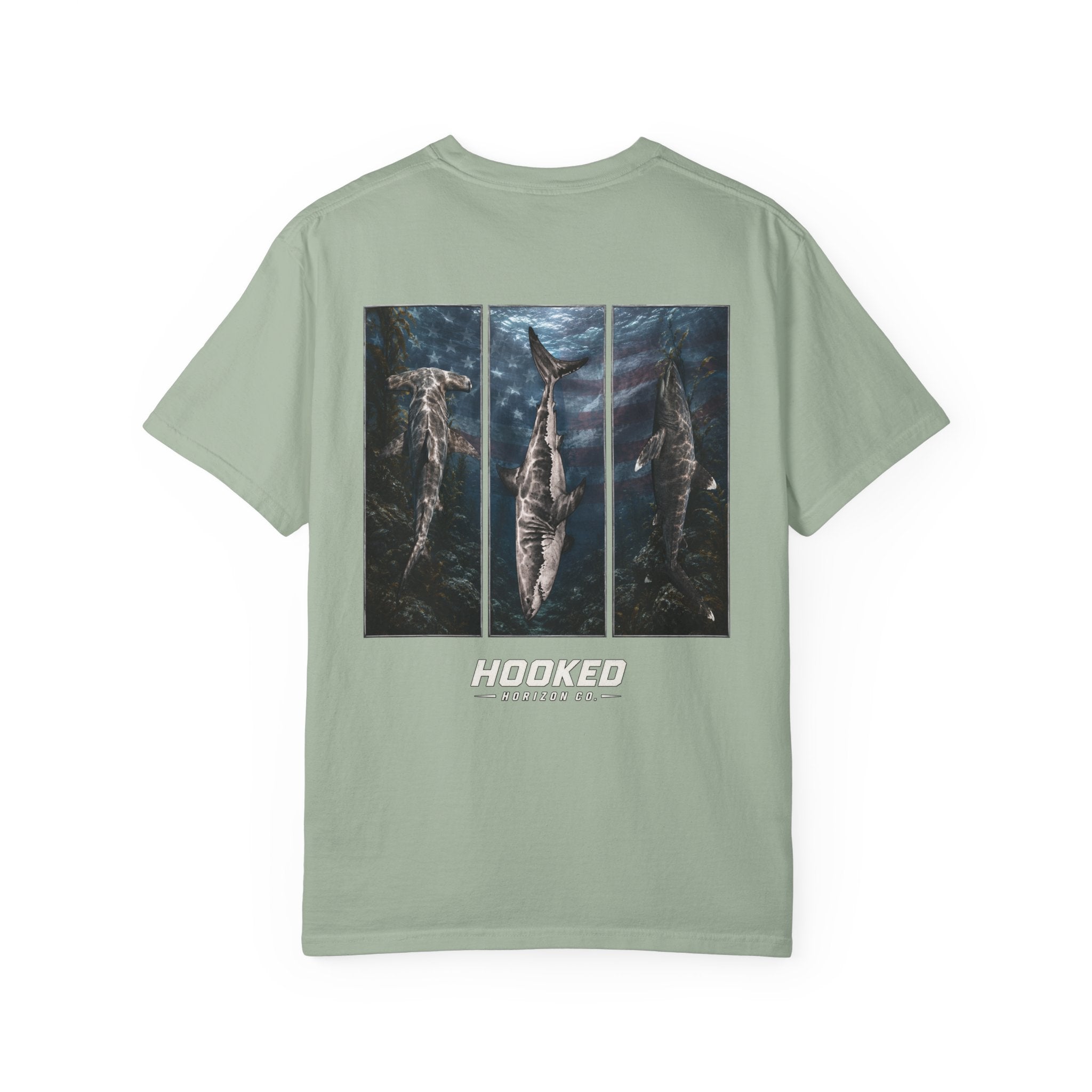 USA Triple Shark Hooked Horizon Co. — "Chasing Legends" Deep Drift Fishing Graphicishing Tee for Angler Lovers, Shark Lovers, Ocean Tee