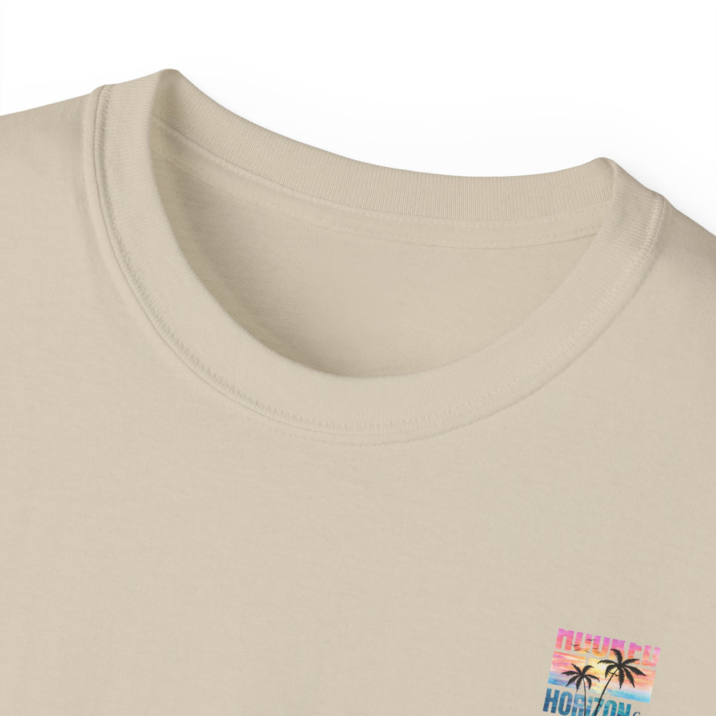 Sunset & Palm Tree T-Shirt — "Hooked" Boat & Horizon Graphic Tee, Multiple Color Variations