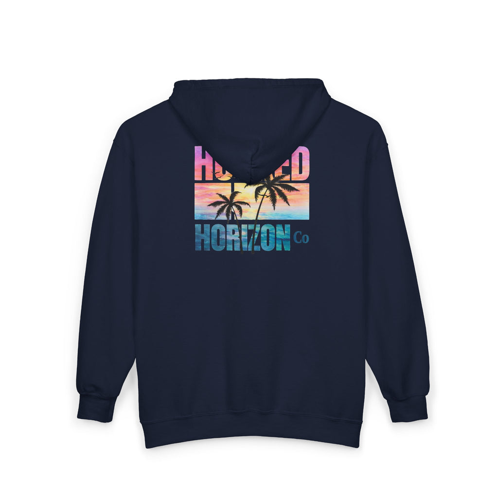 Hooked Horizon Co. Sunset & Palm Tree 90s Inspired Vacation Zip Hoodie - Tropical Palm Sunset Fishing Hoodie,  Multiple Color Variations