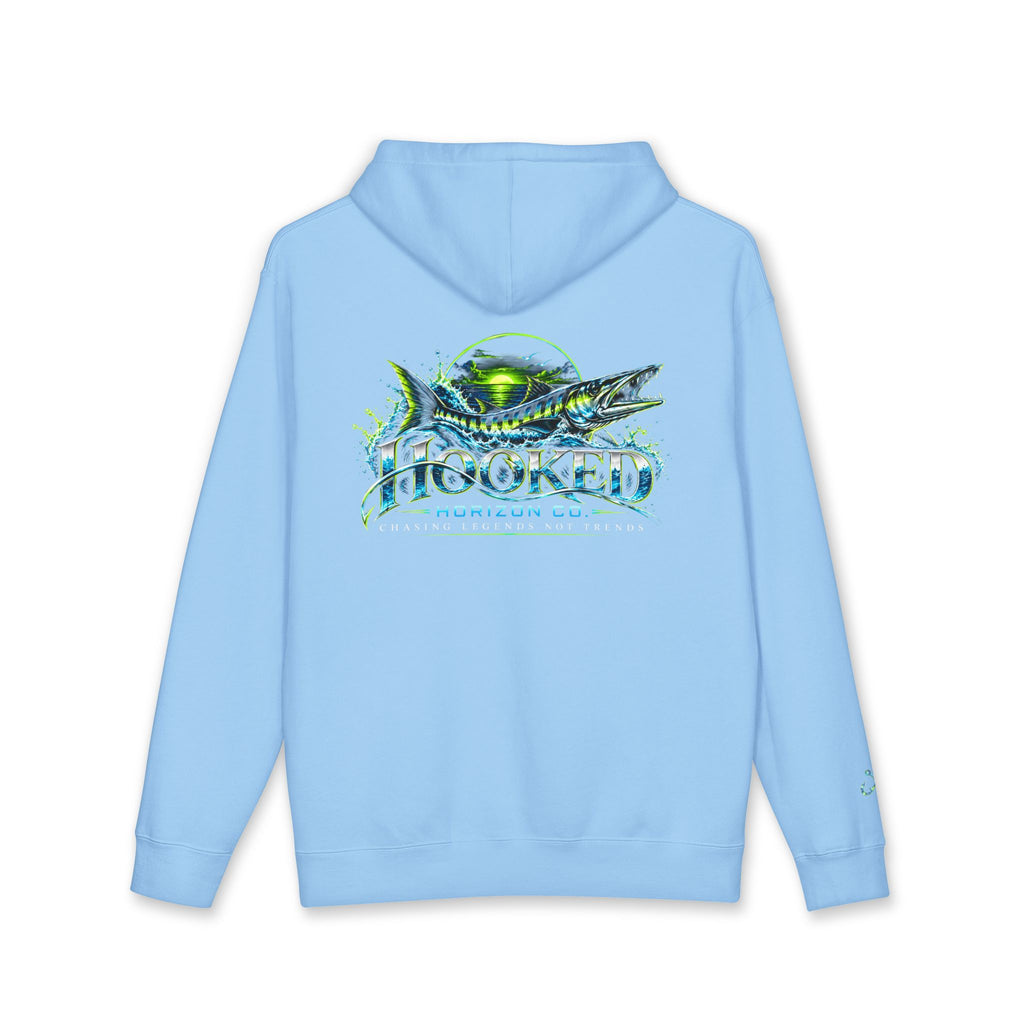 Barracuda Like Green Logo Hoodie—Hooked Horizon Co. — Fishing Back Graphic Hoodie, Multiple Color Variations