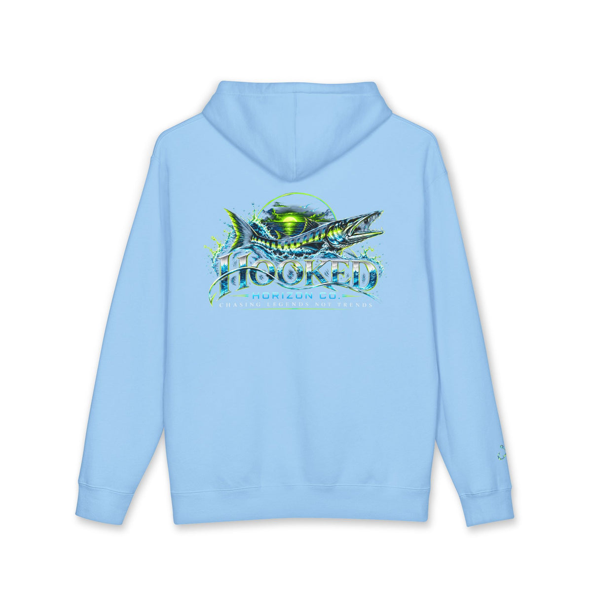 Barracuda Like Green Logo Hoodie—Hooked Horizon Co. — Fishing Back Graphic Hoodie, Multiple Color Variations