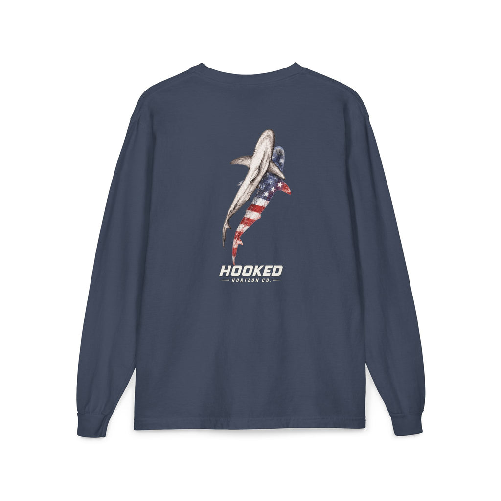 USA Shark Hooked Horizon Co.  Classic Logo Unisex Long Sleeve Pocket T-Shirt