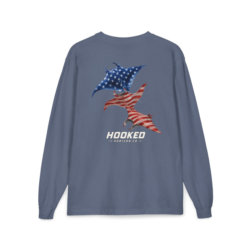 USA Manta Ray Hooked Horizon Co.  Classic Logo Unisex Long Sleeve Pocket T-Shirt