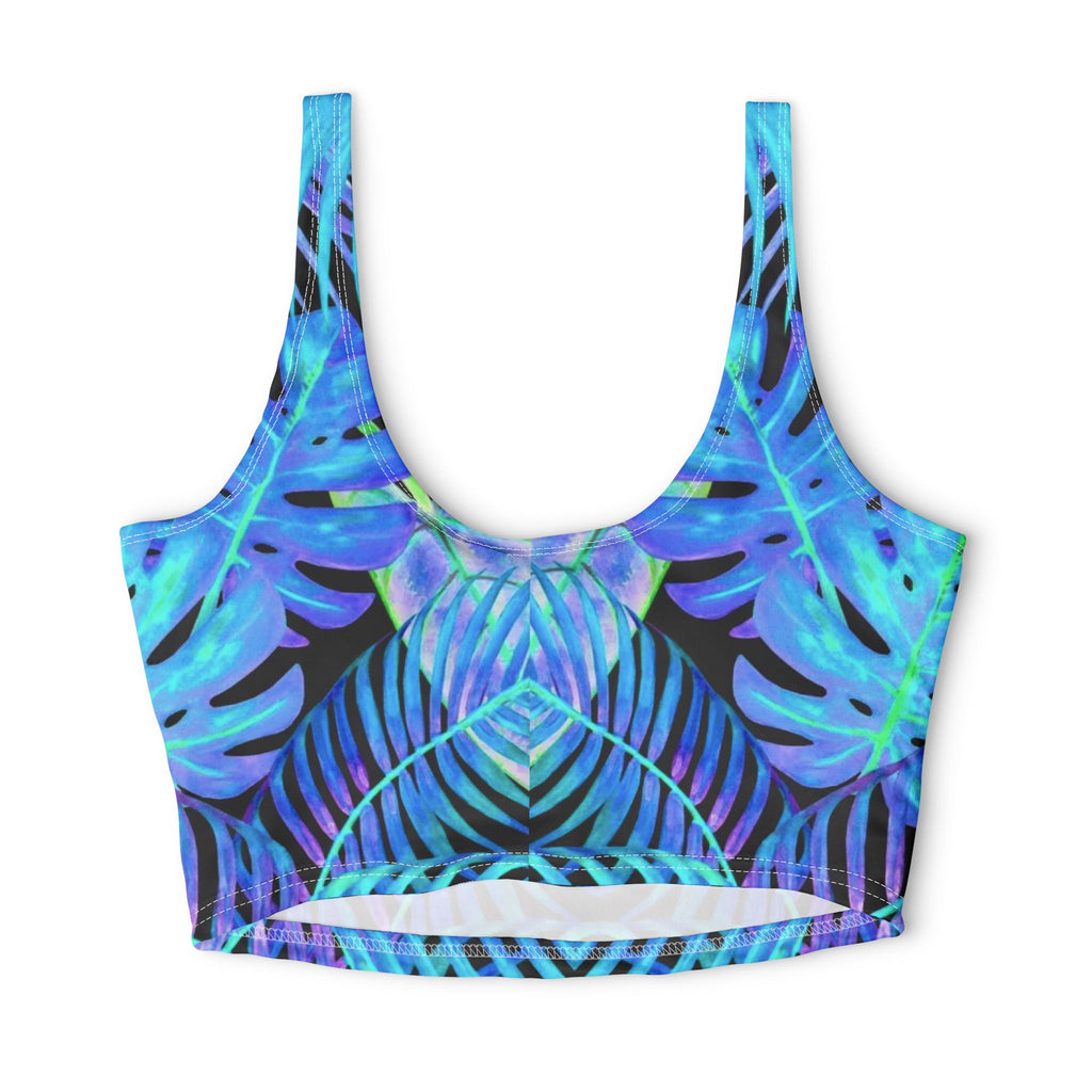 Tropical Blue Feather Palm Sports Bra —Hooked Horizon Co. Stylish Sports Bra for Activewear, Workout Top, Gym Essential, Fitness Apparel, Athleisure Wear, Yoga Gear