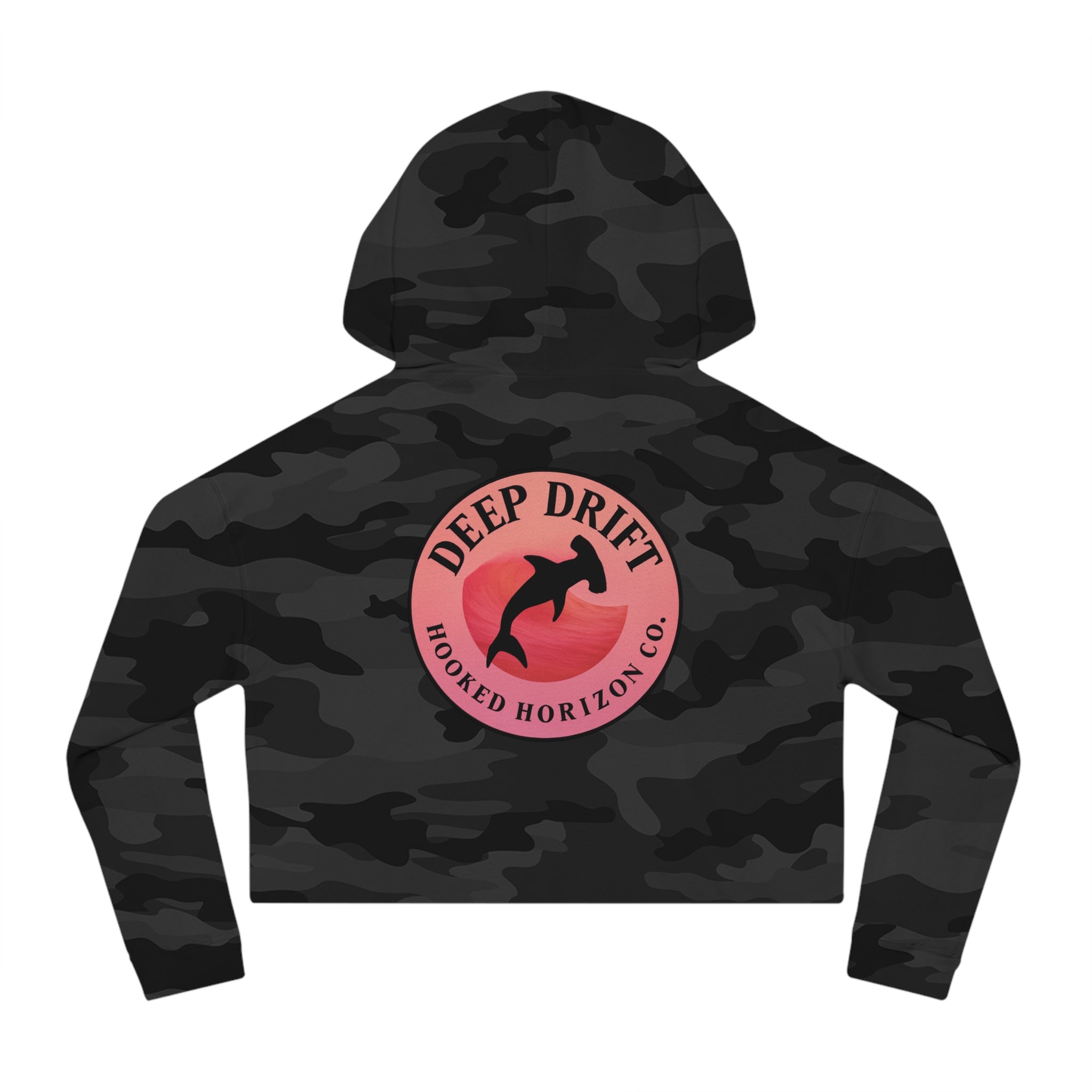Pink & Red Hammer Head Shark Cropped Hoodie - "Deep Drift" Fishing Logo Cropped Hooded Sweatshirt
