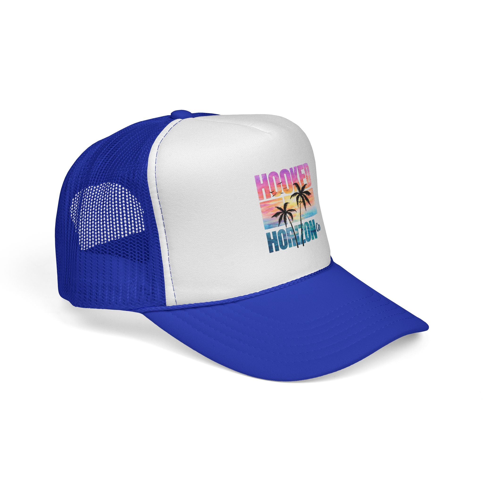Hooked Horizon Co.  Sunset & Palm Tree 90s Inspired Trucker Cap — Outdoor & Beach Hat Ocean Conservation Gifts For Him & Her