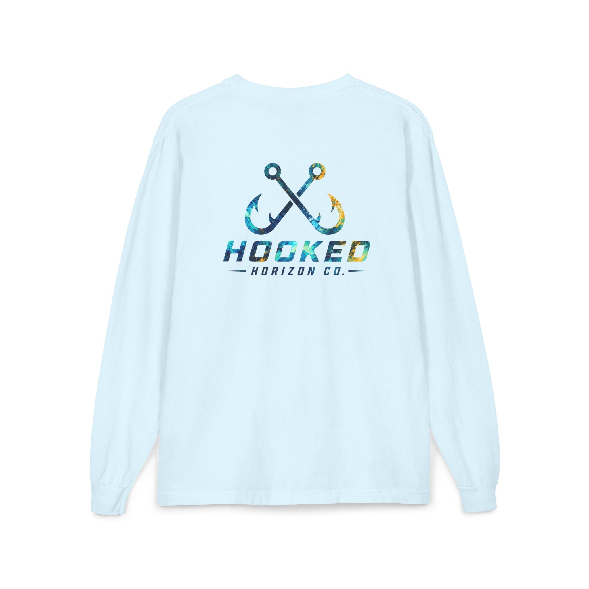 Blue & Gold Hooked Horizon Co.  Classic Logo Unisex Long Sleeve Pocket T-Shirt