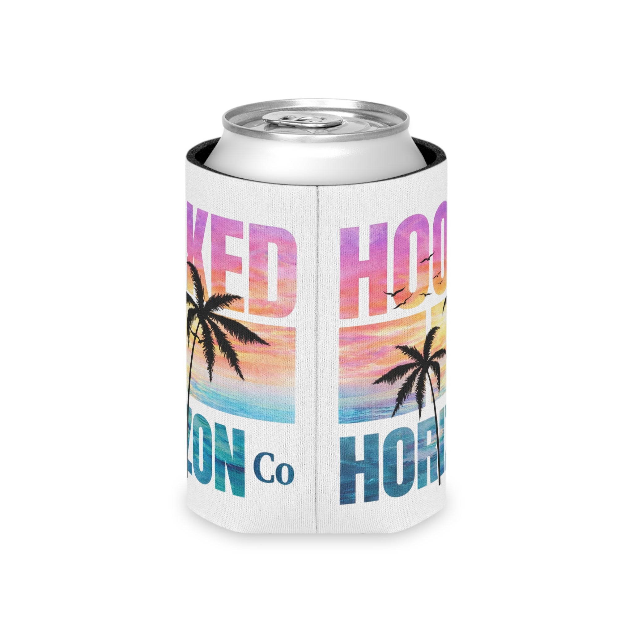 Hooked Horizon Co. Sunset & Palm Tree 90s Inspired Can Cooler – Tropical Sunset Palm Beverage Koozie