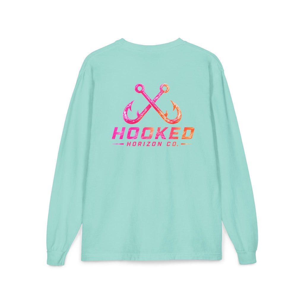 Hot Pink & Peach Hooked Horizon Co. — Classic Logo Unisex Long Sleeve Pocket T-Shirt