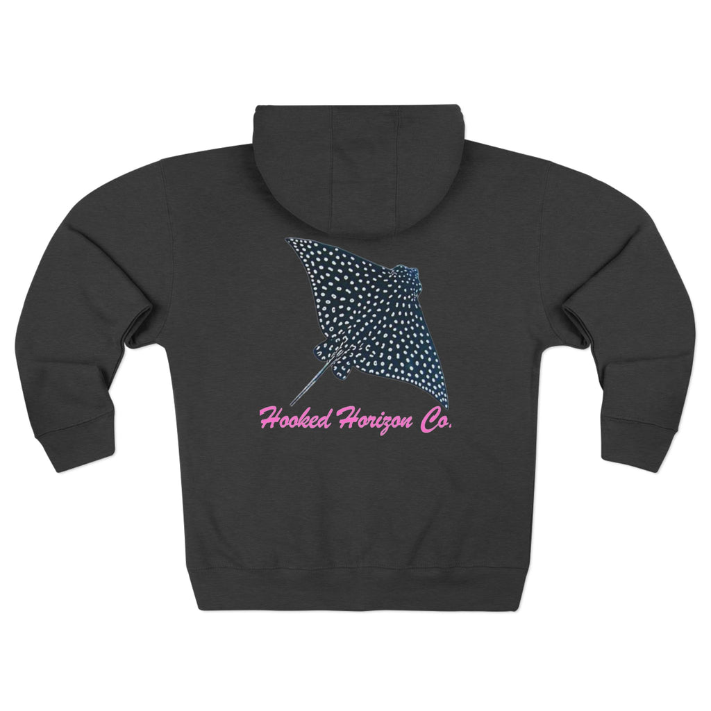 Spotted Ray Neon Pink Deep Drift– Hooked Horizon Co. Unisex Zip Hoodie for Ocean Lovers, Nautical Fashion, Cool Weather Gear, Everyday Comfort, Perfect Gift