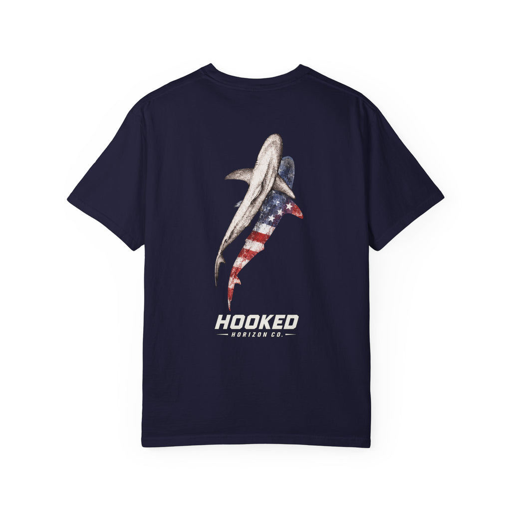 USA Shark Flag T-Shirt — "Hooked Horizon Co." American Fishing Graphic Tee