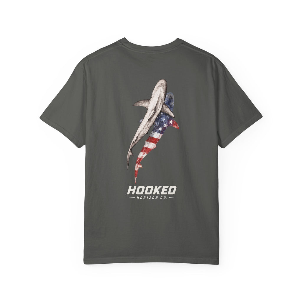 USA Shark Flag T-Shirt — "Hooked Horizon Co." American Fishing Graphic Tee