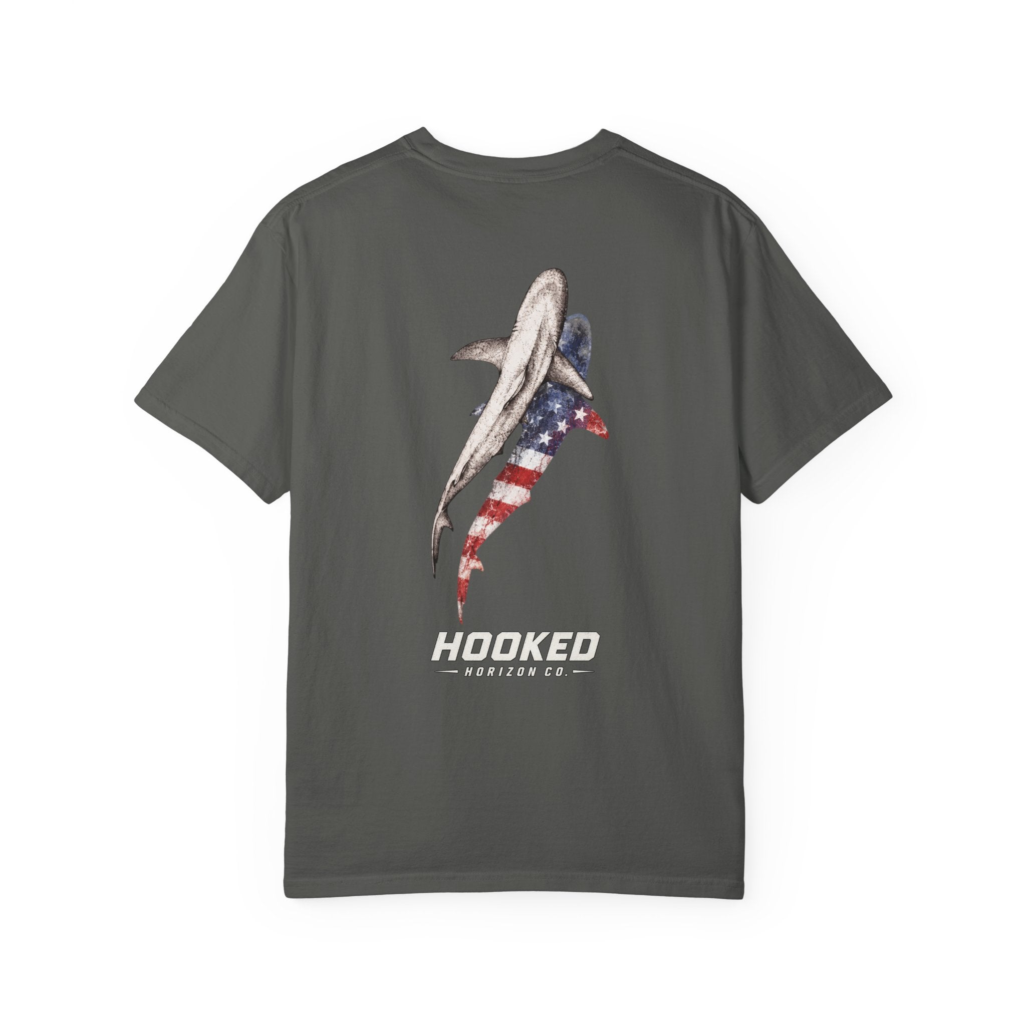 USA Shark Flag T-Shirt — "Hooked Horizon Co." American Fishing Graphic Tee