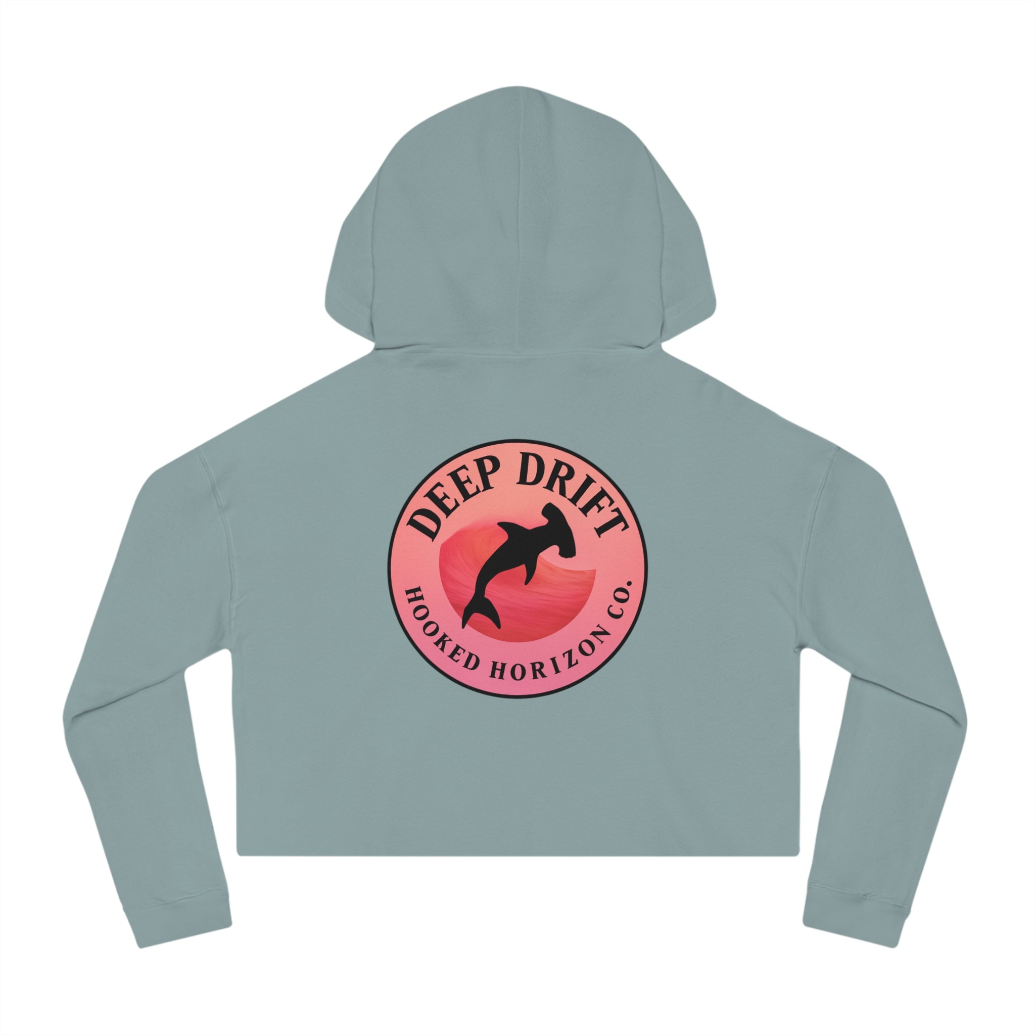 Pink & Red Hammer Head Shark Cropped Hoodie - "Deep Drift" Fishing Logo Cropped Hooded Sweatshirt