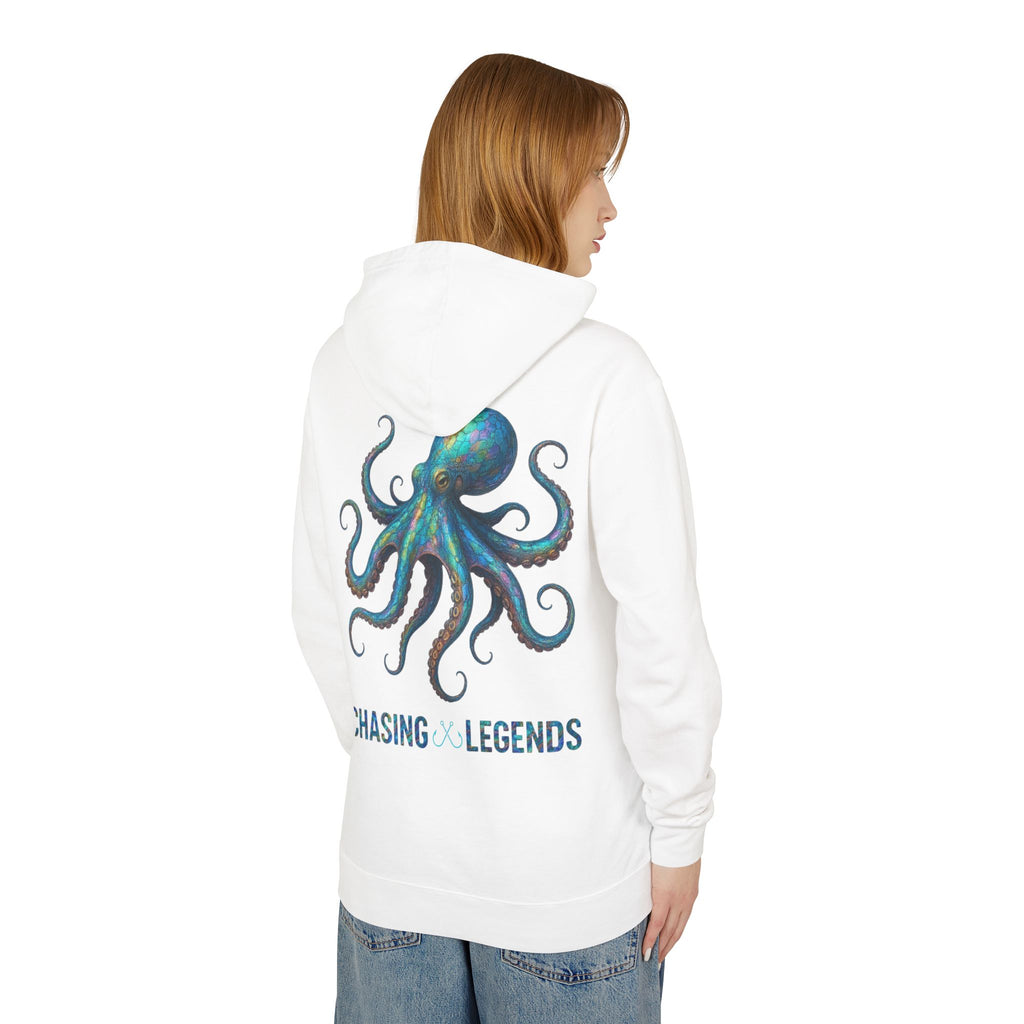Chasing Legends Octopus Hoodie — Hooked Horizon Co Unisex Lightweight Hoodie with Deep Drift Design | Perfect for Fishermen, Beach Lovers, Casual Outings, Gift for Him/Her, Nautical Style,  Ocean Lover Gifts