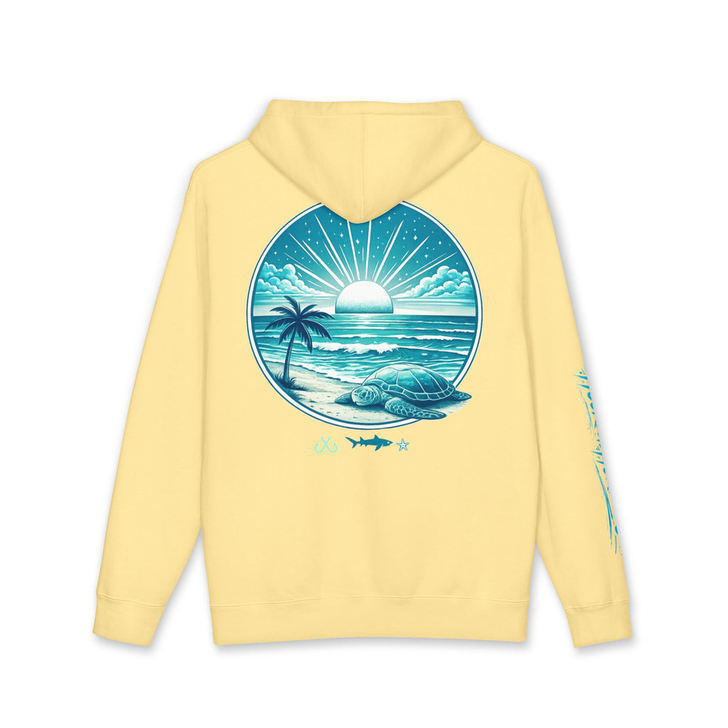 Sea Turtle & Sunset Hoodie Hooked Horizon Co. — Minimal Fishing Back Graphic Hoodie, Multiple Color Variations