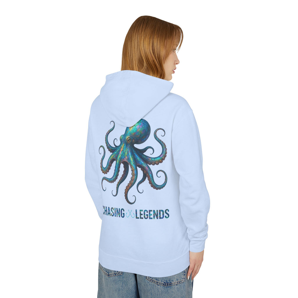 Chasing Legends Octopus Hoodie — Hooked Horizon Co Unisex Lightweight Hoodie with Deep Drift Design | Perfect for Fishermen, Beach Lovers, Casual Outings, Gift for Him/Her, Nautical Style,  Ocean Lover Gifts