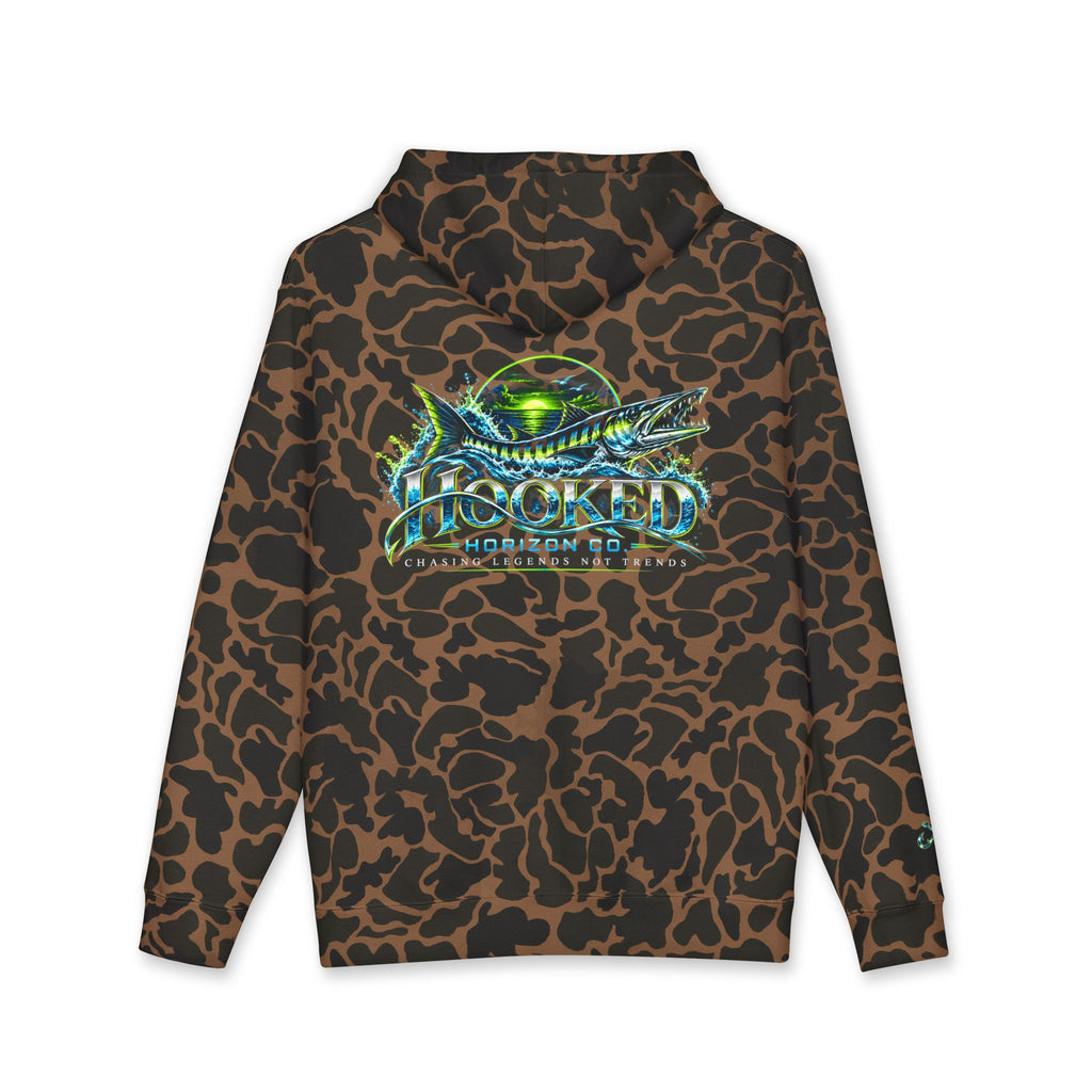 Barracuda Like Green Logo Hoodie—Hooked Horizon Co. — Fishing Back Graphic Hoodie, Multiple Color Variations