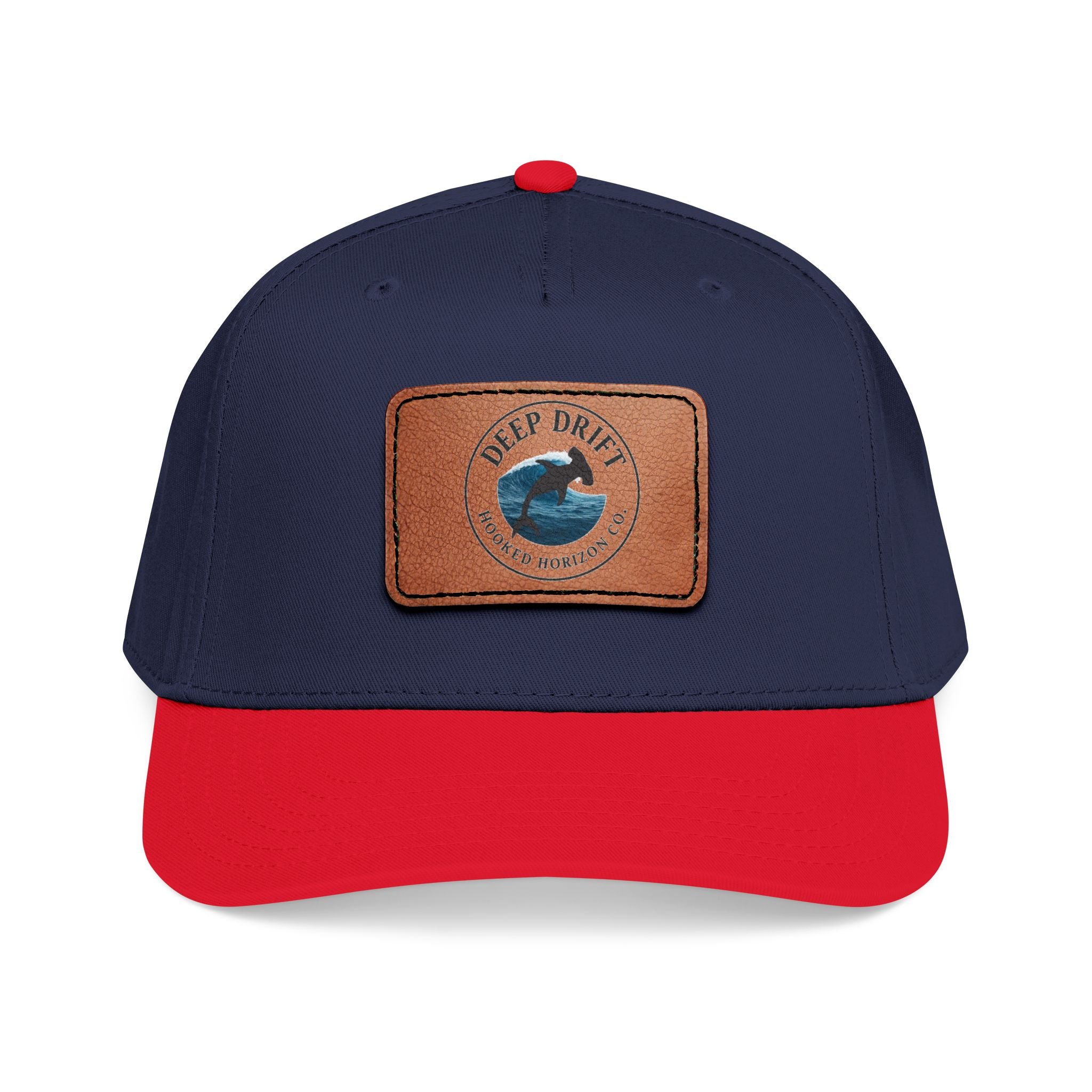 Deep Drift Leather Patch Baseball Cap — Hooked Horizon Co. Ocean Wave Logo, Multiple Color Variations