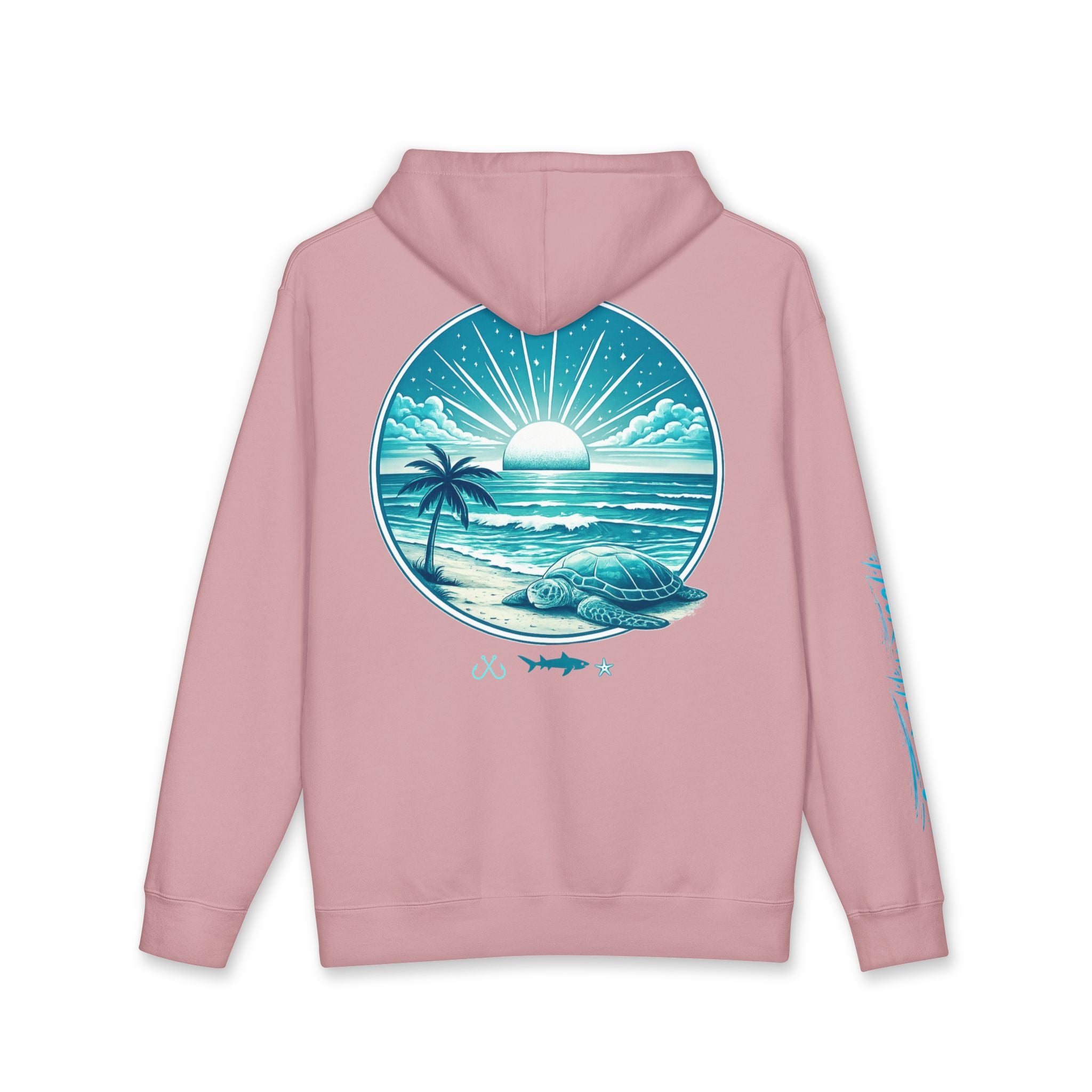 Sea Turtle & Sunset Hoodie Hooked Horizon Co. — Minimal Fishing Back Graphic Hoodie, Multiple Color Variations