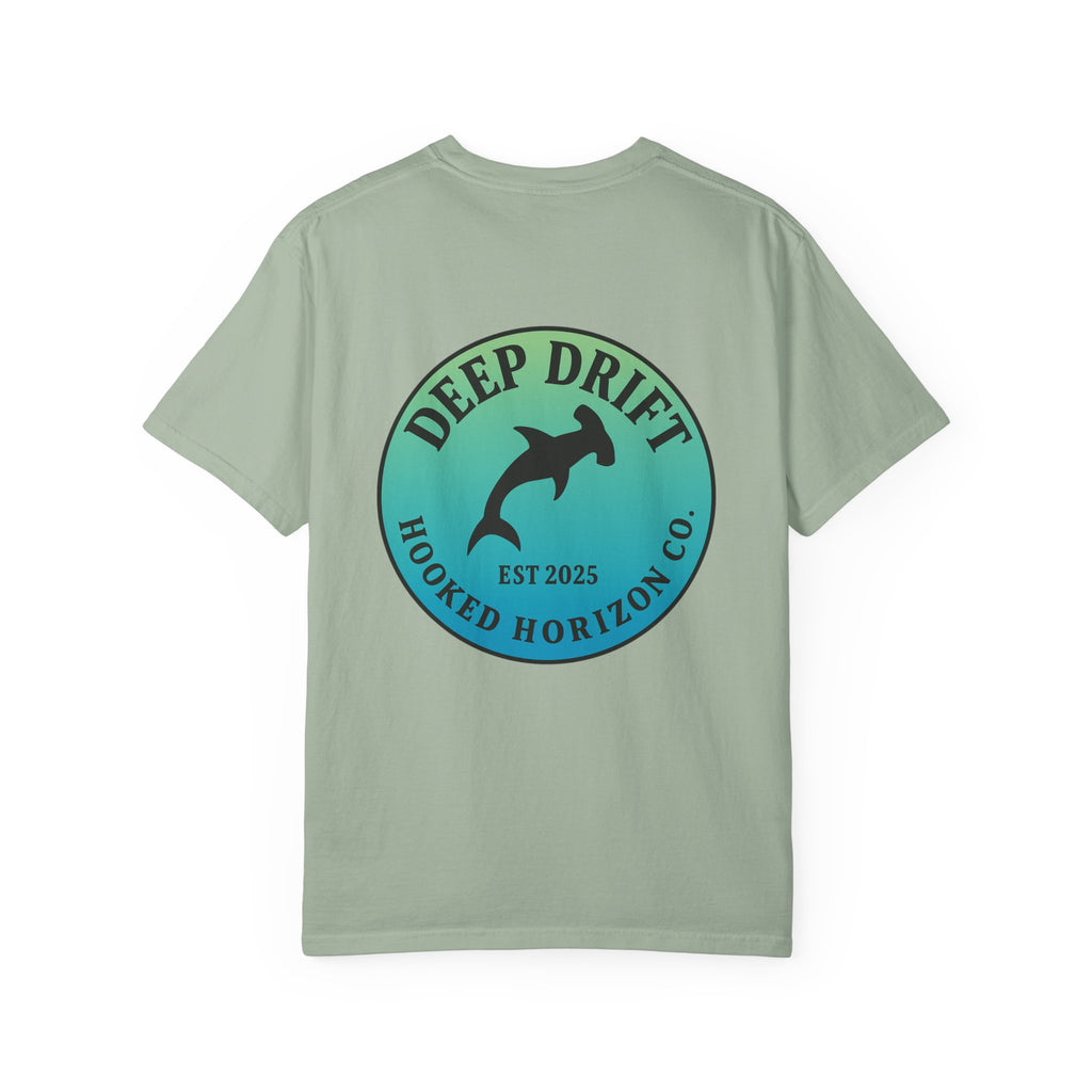 Deep Drift Fishing T-Shirt - Green & Blue Fishing Tee for Angler Lovers, Hammer Head Shark, Ocean Tee