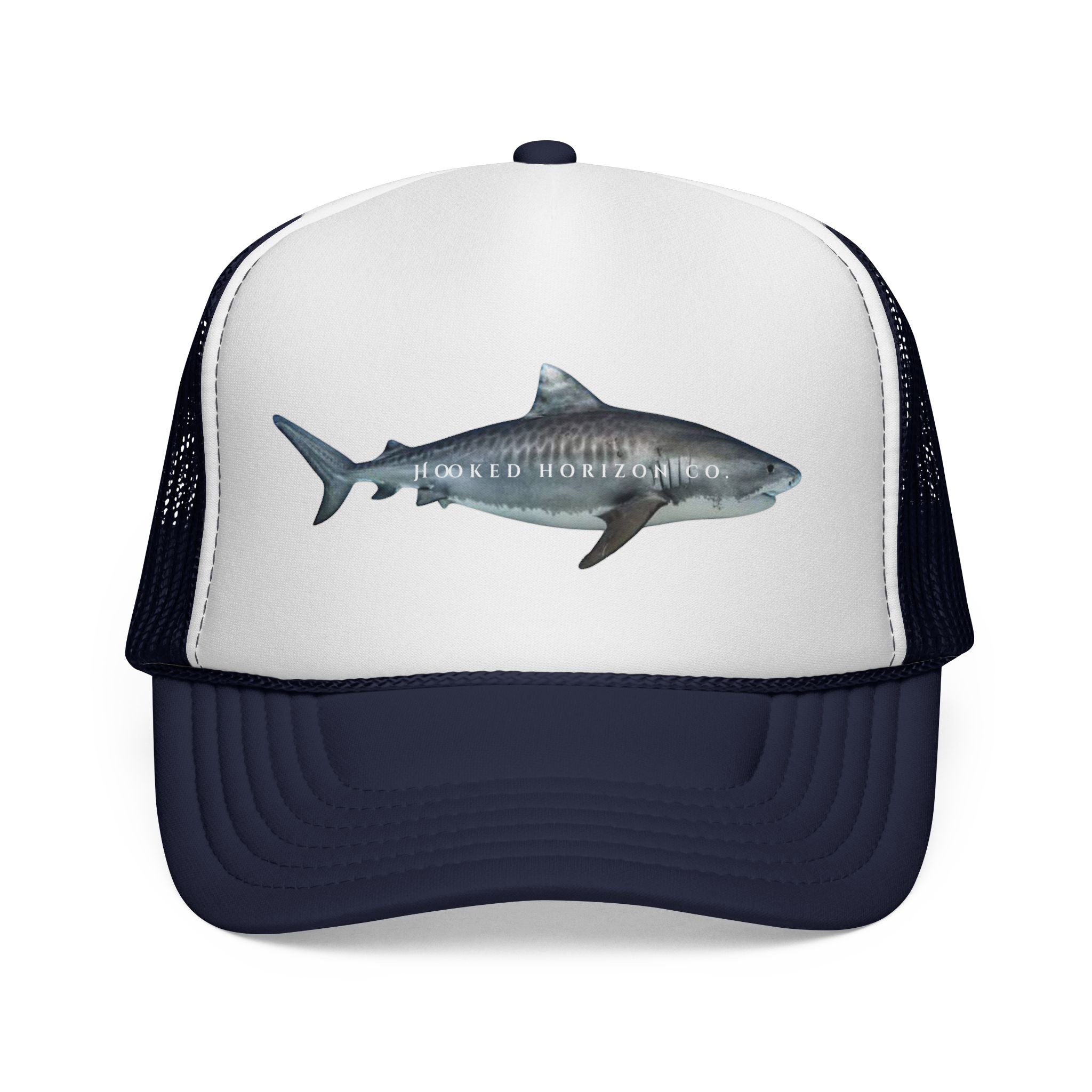 Tiger Shark Trucker Cap — 'Chasing Legends' Fishing Hooks Logo