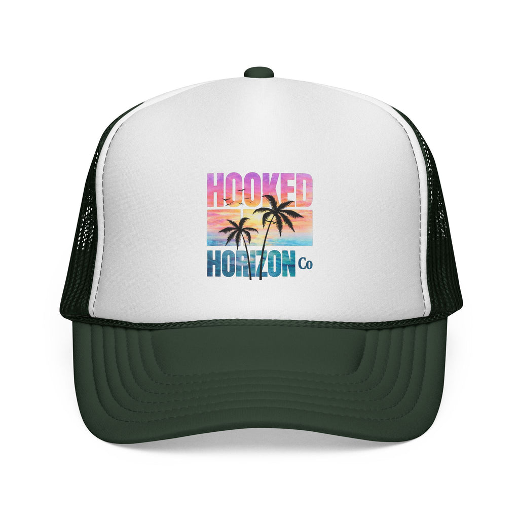 Hooked Horizon Co.  Sunset & Palm Tree 90s Inspired Trucker Cap — Outdoor & Beach Hat Ocean Conservation Gifts For Him & Her